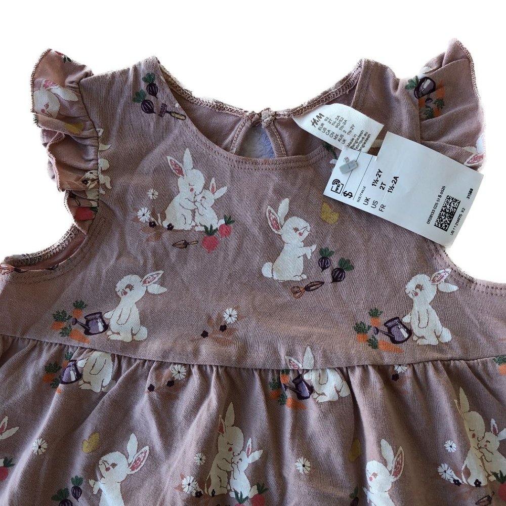 H & M Girls Dress Dusty Rose Pink/White Bunnies Flutter Cap Sleeves Size 2T - Picture 3 of 8